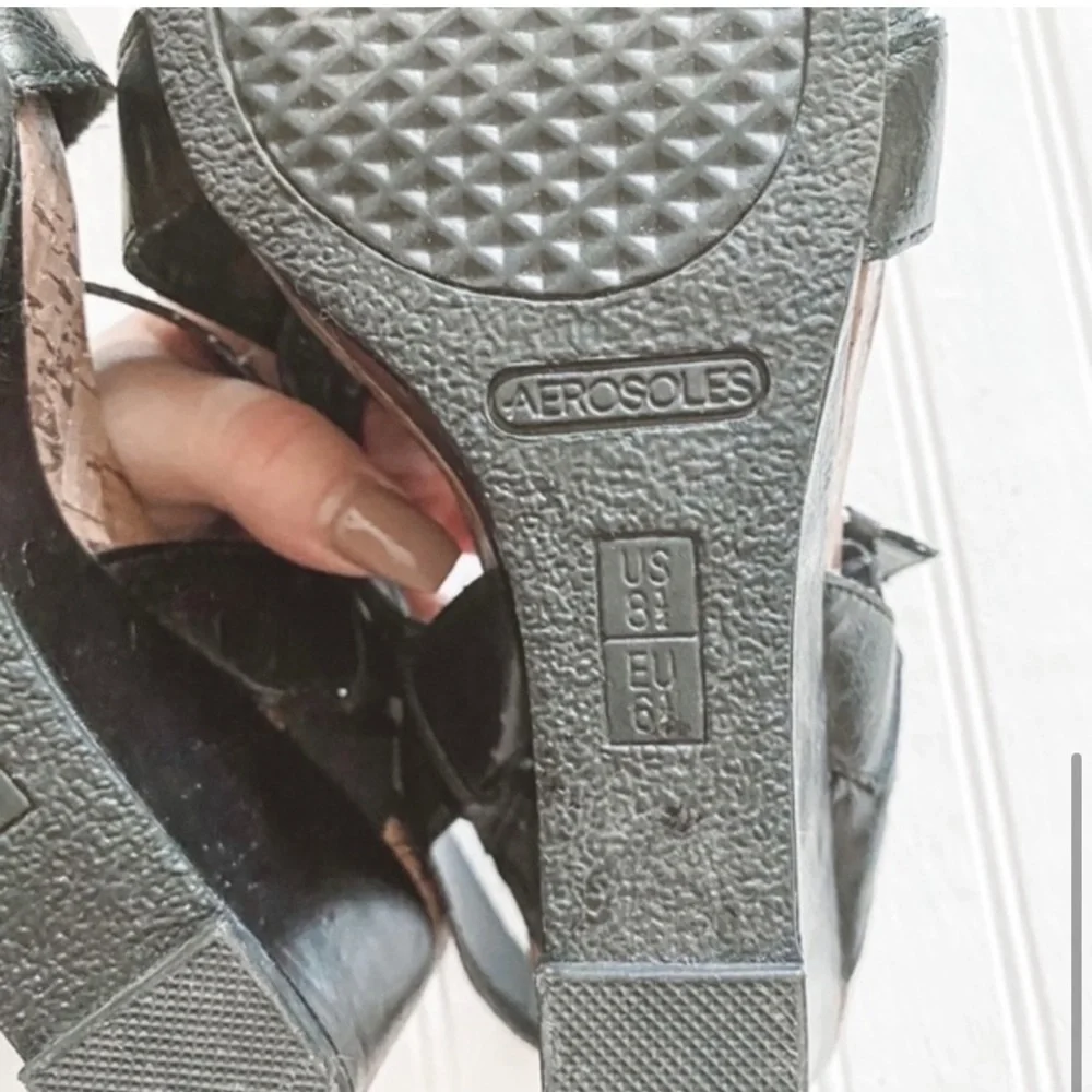 🍉 Sz 8.5 Aerosoles Wedge Cork Sandal Strappy Black